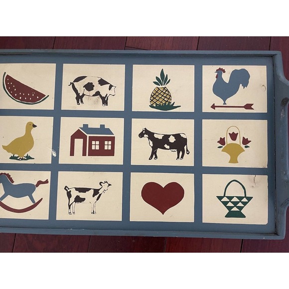 1980s Solid Pine Painted Tray With Decorative Patchwork, Country Folk Art Images - Picture 2 of 3